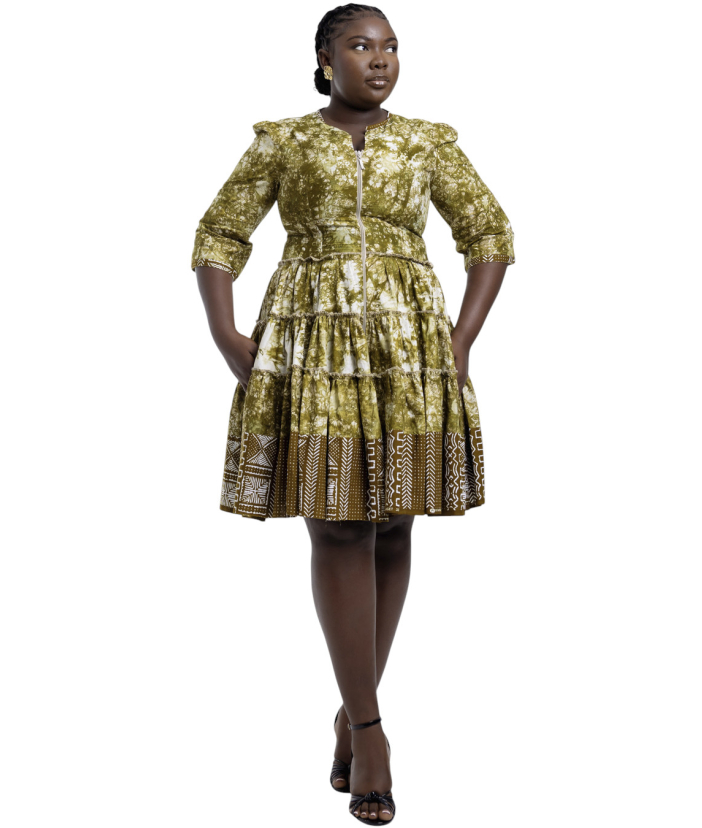 Olive Tiered Zip-Front Dress