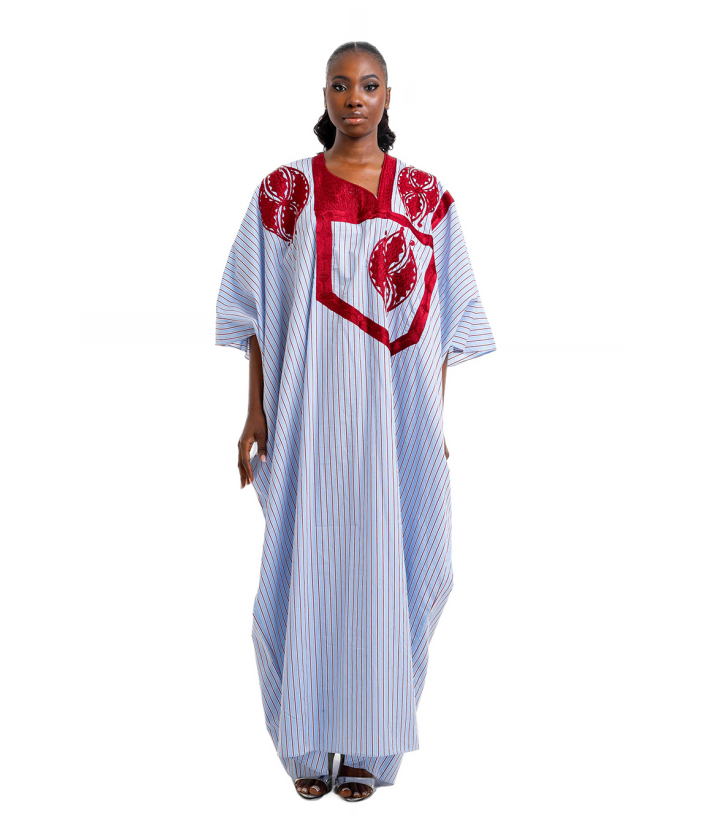 Folashade Agbada - Sky Blue Stripe with Red Embroidery