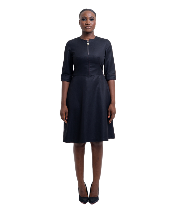 Black - Front Zip Flared Dress With Elbow Length Sleeve