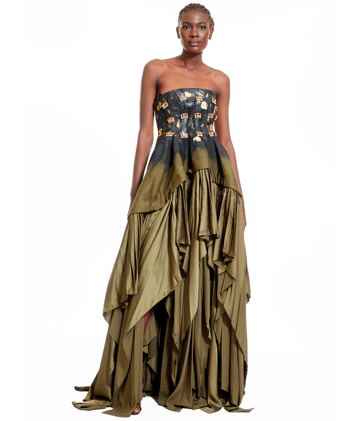 Bustier Dress with Pleated Skirt Detail and Embellishments