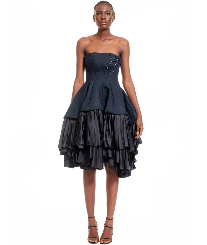 Short Bustier Dress with Embellishments and Layered Pleats