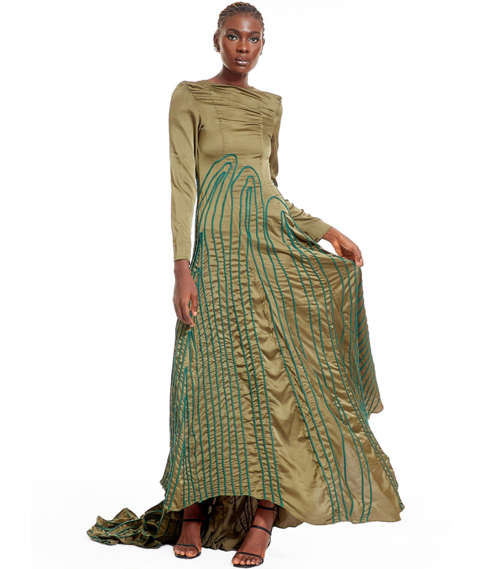 Long Sleeve Silk Backless Dress with Wool Thread Embroidery