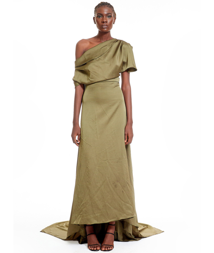 Draped silk dress with open back and distorted neckline.