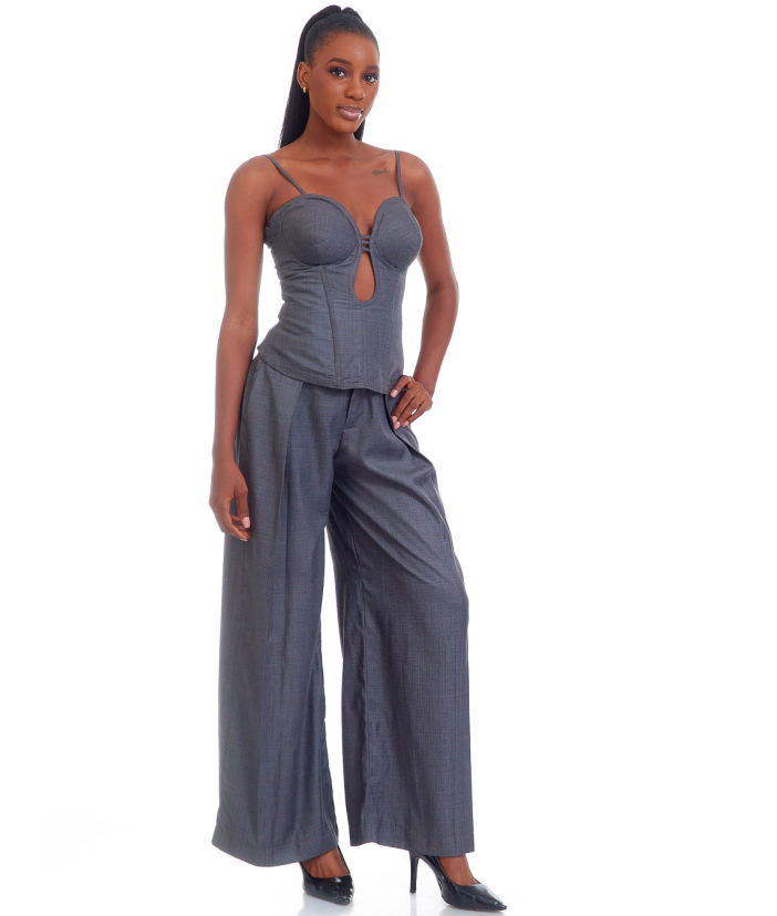 Grey low plunge corset and pants set