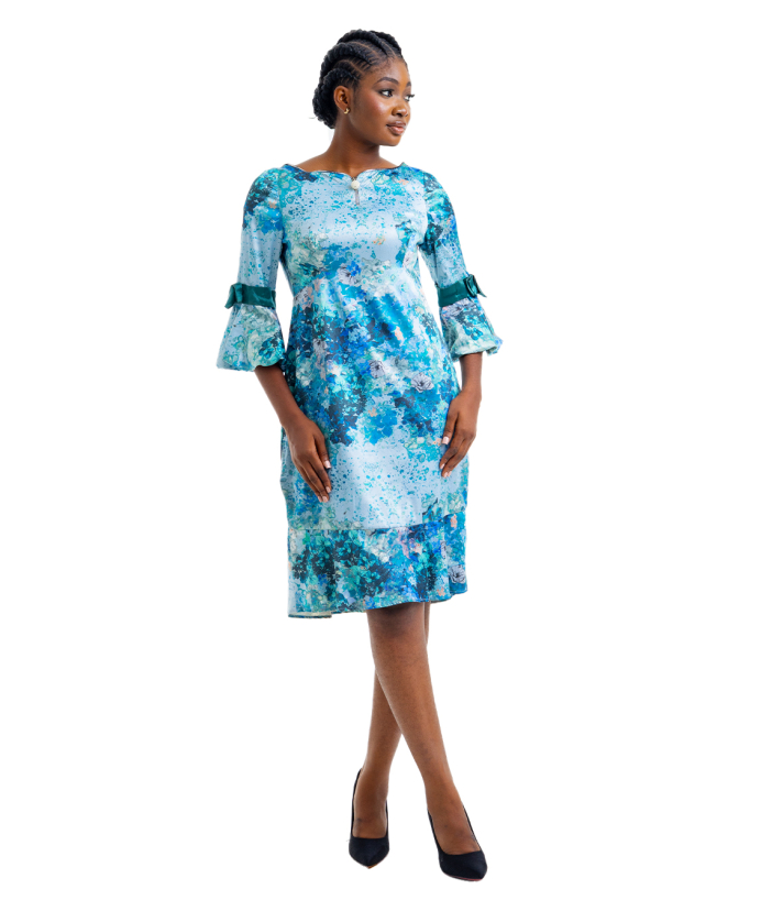 Blue Plain and Floral Front Zip Dress With Ball Sleeves