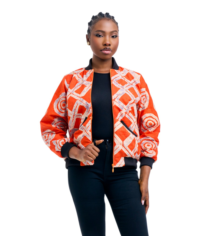 Unisex Adire Bomber Jacket-Orange-L-L