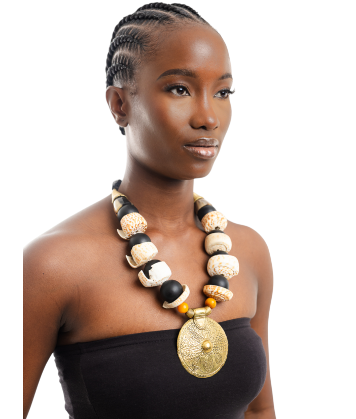 Shell & Black Amber Necklace with Brass Pendant