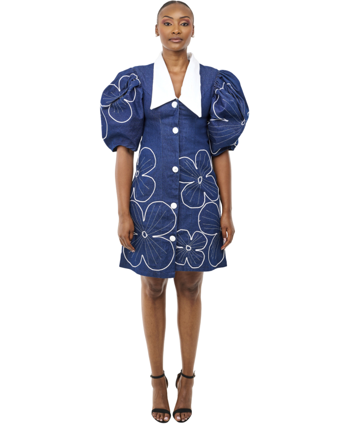 A line flower embroidered denim dress