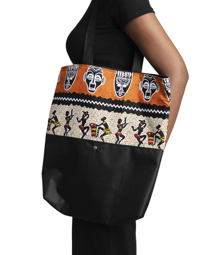 Black Leather Tote Bag with Printed Design