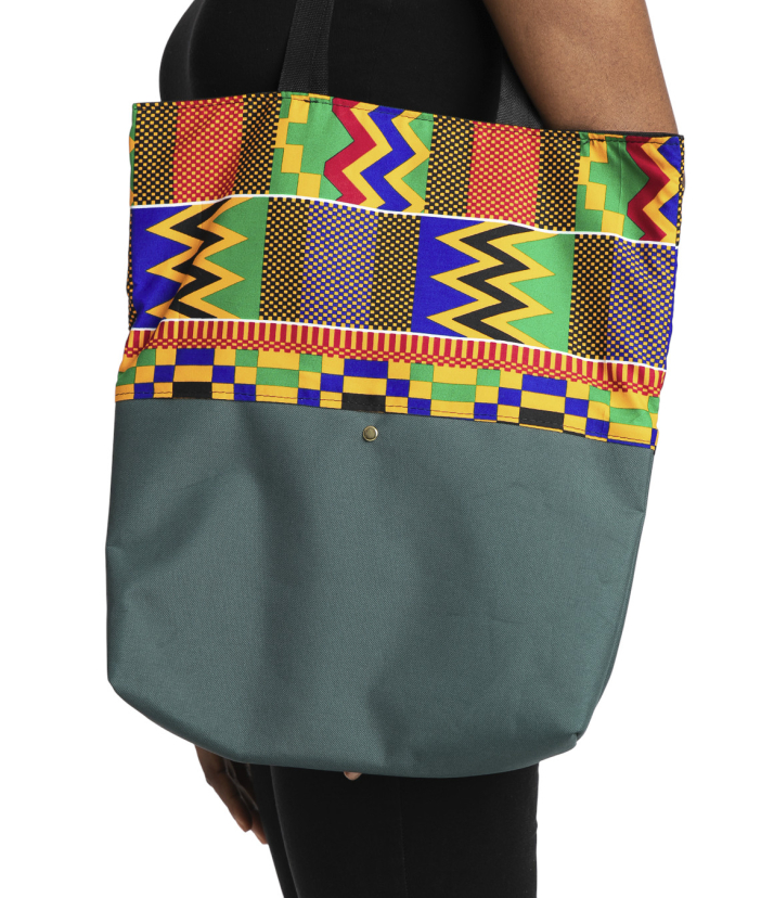Green Leather Tote Bag with Printed Design