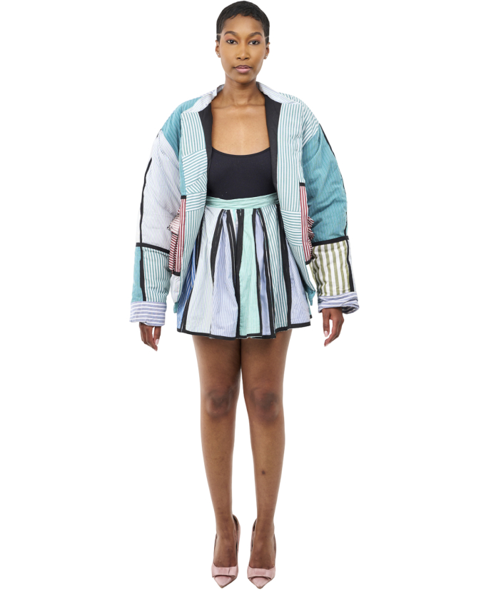 Upcycled Striped Bomber Jacket & Skirt Set