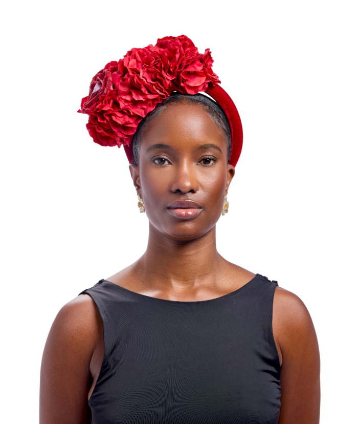 TD Deep Red Velvet Floral Crown Headband 